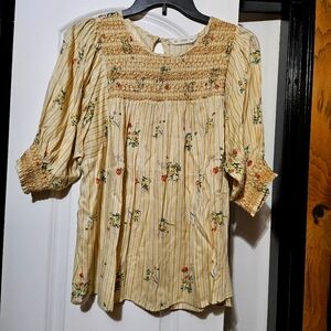 ACOS&A Women's Boho Floral Printed Light Yellow Smocked Blouse
